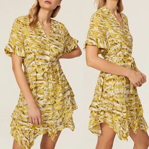 AllSaints Frankie‎ Dress Oniyuri Yellow Print Ruffle Frill Womens Size 0 Layered